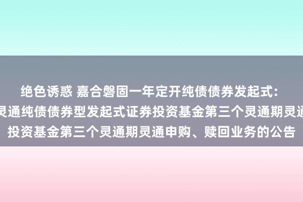 绝色诱惑 嘉合磐固一年定开纯债债券发起式: 对于嘉合磐固一年按时灵通纯债债券型发起式证券投资基金第三个灵通期灵通申购、赎回业务的公告